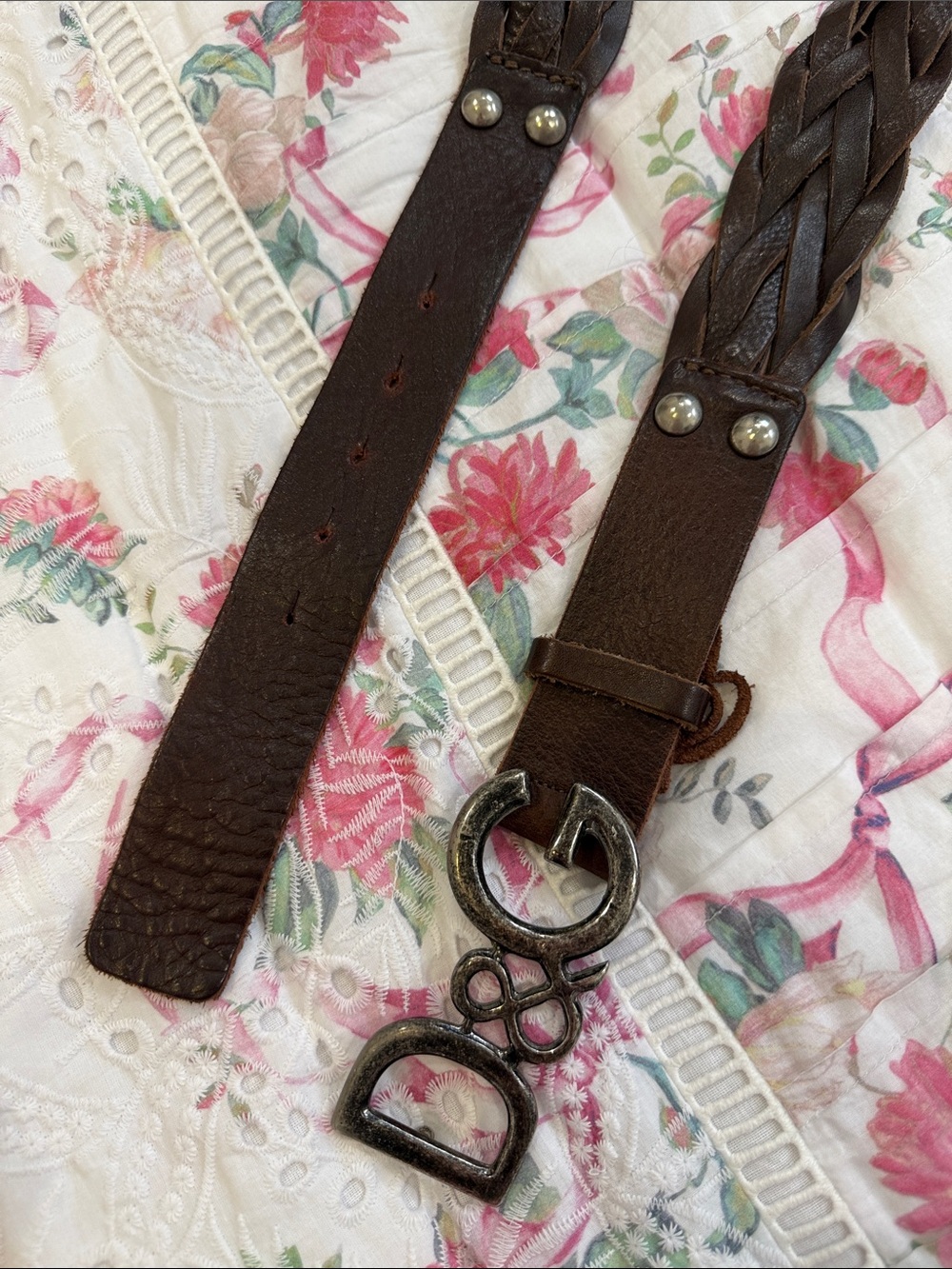 Braided Brown Leather Belt with Decorative Metal Buckle D&G 104cm vintage
